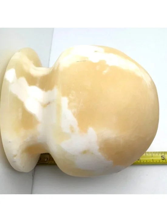 80s MCM Alabaster Stone Candle Holder Yellow-White Swirl Pattern Rounded 5" - Picture 3 of 8